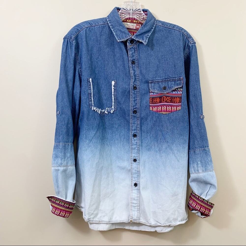 Sovereign Code Aztec Western Ombre Denim Long Sleeve Button Down Top